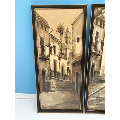 578 - Framed Spanish Pen and Ink Drawings (2). Signed A Colomer. 44cm x 19cm.