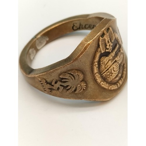 109 - WWII German Afrika Korps Tank Assault Honour Ring with Tank Destroyer Insignia. Engraved Inside. Siz... 