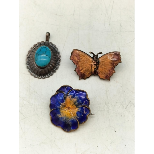 248 - Silver Turquoise Pendant, Enamel Butterfly, Flower Brooch plus Earrings.