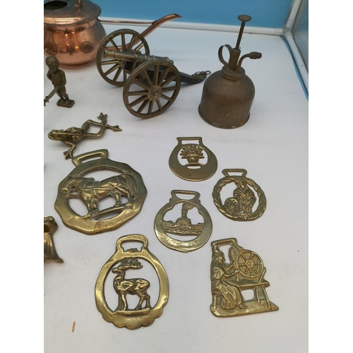 269 - Box of Metal ware to include Horse Brasses, Shelf Frogs, Cannons, etc.