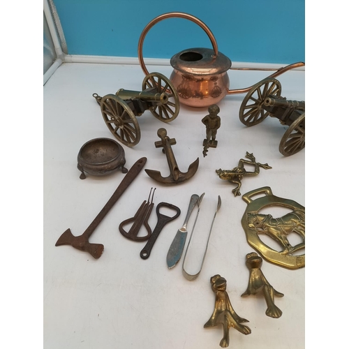 269 - Box of Metal ware to include Horse Brasses, Shelf Frogs, Cannons, etc.