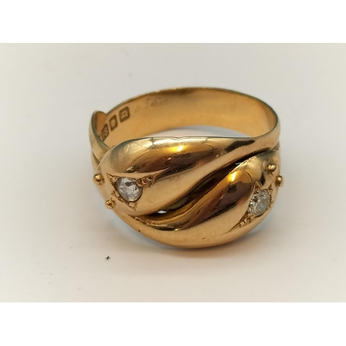 28 - 18ct Gold Gent's Ring with Diamonds in a Snake Head Design. Size Q. 6 Grams.