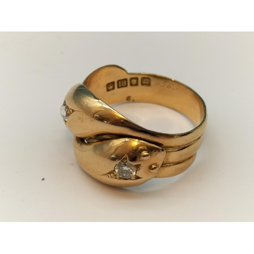 28 - 18ct Gold Gent's Ring with Diamonds in a Snake Head Design. Size Q. 6 Grams.