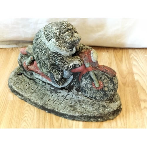 35 - Concrete Garden Hedgehog on Motorcycle Statue. 30cm High, 43cm x 16cm. Collection Only.