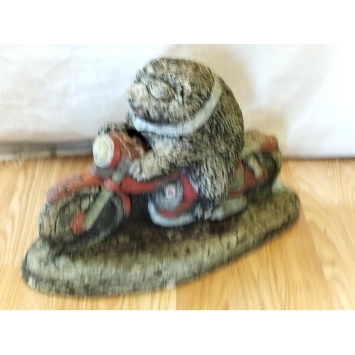 35 - Concrete Garden Hedgehog on Motorcycle Statue. 30cm High, 43cm x 16cm. Collection Only.