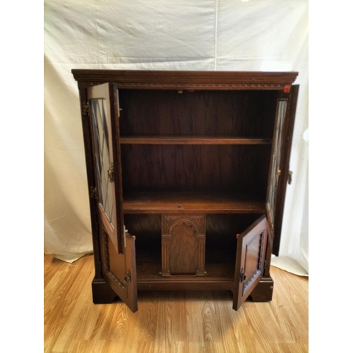 350 - Wooden Leaded Glass Two Door Book Shelf with Under Cupboard. 103cm High, 84cm x 26cm. Collection Onl... 