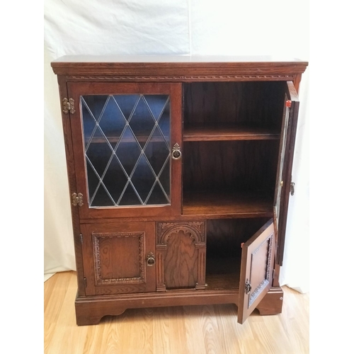 350 - Wooden Leaded Glass Two Door Book Shelf with Under Cupboard. 103cm High, 84cm x 26cm. Collection Onl... 