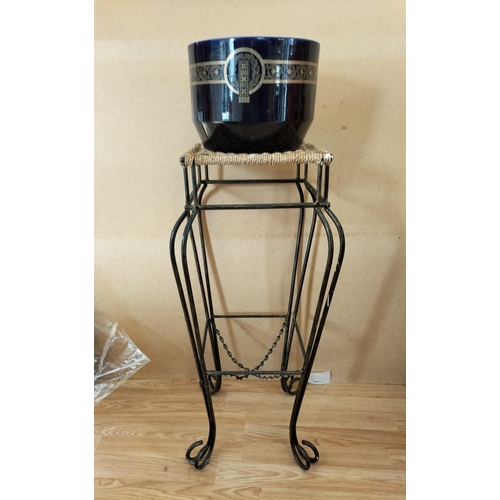 355 - Modern Rope Top and Metal Plant Stand plus Ceramic Planter. Planter A/F. Stand measures 78cm x 36cm ... 