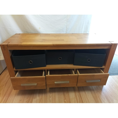 369 - Royal Oak Three Drawer Sideboard/TV Unit. 52cm High, 110cm x 42cm. Collection Only.