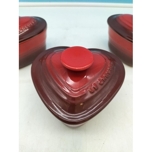 371 - New Le Creuset Heart Shaped Lidded Ramekins (3) 10cm High x 13cm.