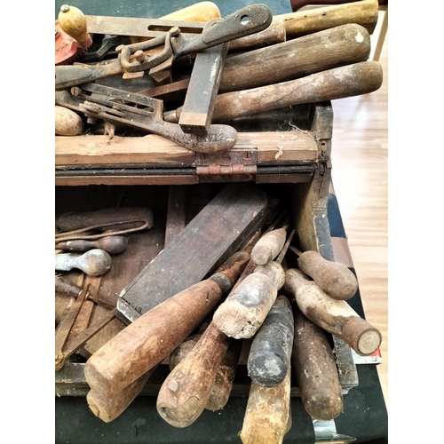 374 - Wooden Box of Old Vintage Tools to include Chisels, Vice, Square, etc. Collection Only.