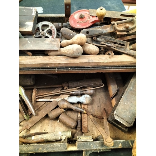 374 - Wooden Box of Old Vintage Tools to include Chisels, Vice, Square, etc. Collection Only.