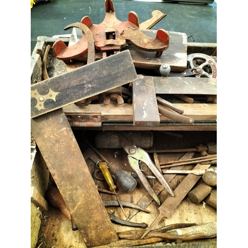 374 - Wooden Box of Old Vintage Tools to include Chisels, Vice, Square, etc. Collection Only.