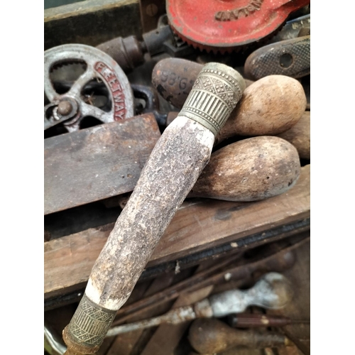 374 - Wooden Box of Old Vintage Tools to include Chisels, Vice, Square, etc. Collection Only.