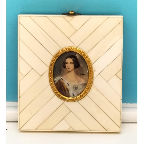 4 - Signed Antique Painted Miniature Portrait of Marie of Prussia (Queen of Bavaria) in a Carved Bone Fr... 