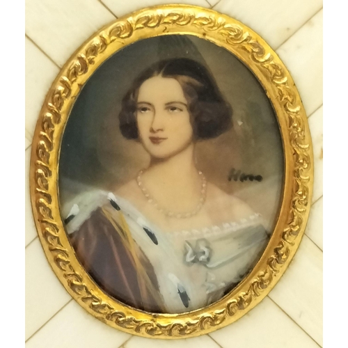 4 - Signed Antique Painted Miniature Portrait of Marie of Prussia (Queen of Bavaria) in a Carved Bone Fr... 