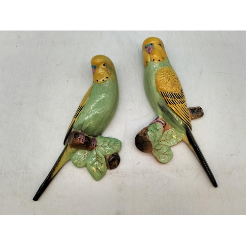 42 - Pair of Vintage Hand Painted Pottery Budgerigar Wall Plaques. 20cm Long.