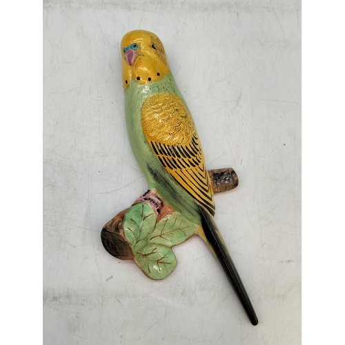 42 - Pair of Vintage Hand Painted Pottery Budgerigar Wall Plaques. 20cm Long.