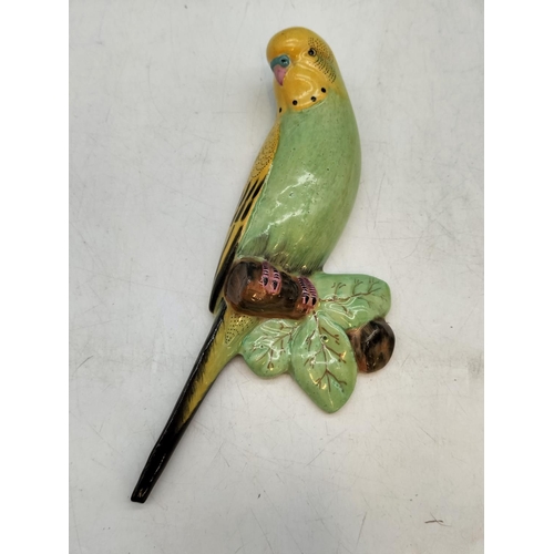 42 - Pair of Vintage Hand Painted Pottery Budgerigar Wall Plaques. 20cm Long.