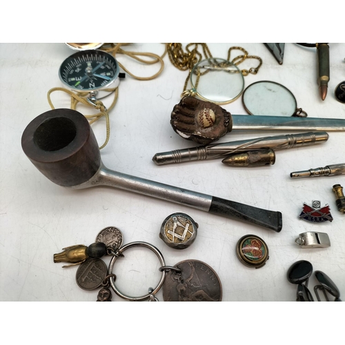 482 - Tub of Mixed Items to include Ronson Pipe, Propelling Pencil, Silver Filigree Pendant, Acme Thunder ... 