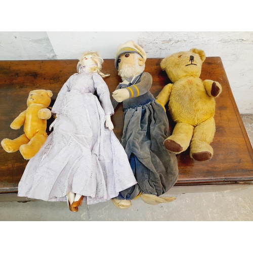 540 - Collection of Vintage Teddy Bears and Dolls to include a Mohair Teddy and a 1920's Bisque Doll.