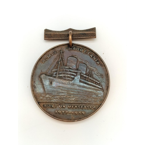 55 - Cunard RMS Mauretania Commemorative Bronze Medallion made from the Metal of the Liner. 33mm Diameter... 