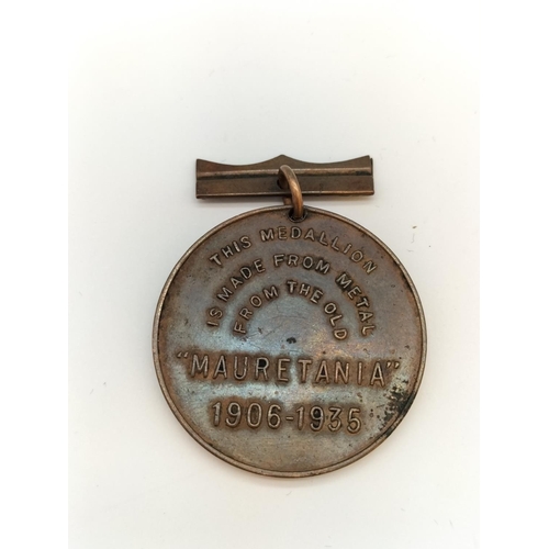 55 - Cunard RMS Mauretania Commemorative Bronze Medallion made from the Metal of the Liner. 33mm Diameter... 