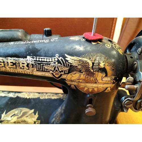 556 - Singer Sewing Machine with Egyptian Design. With Case. Collection Only.