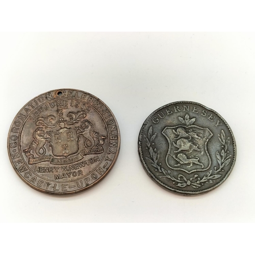 60 - Guernsey 8 Doubles Bronze Coin 1834 plus 1902 Newcastle-upon-Tyne Coronation Medal for King Edward a... 