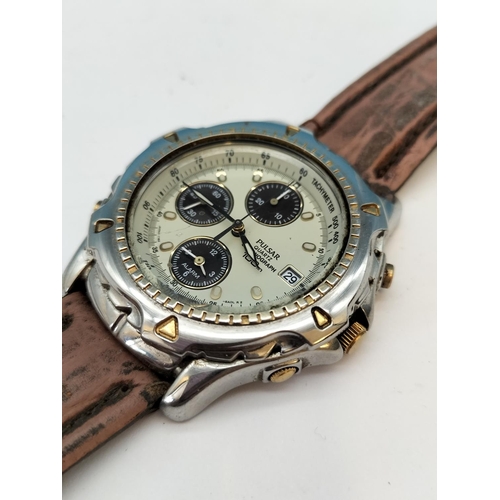 602 - 2 x Pulsar Quartz Chronograph 100M Men's Watches. Require Batteries.