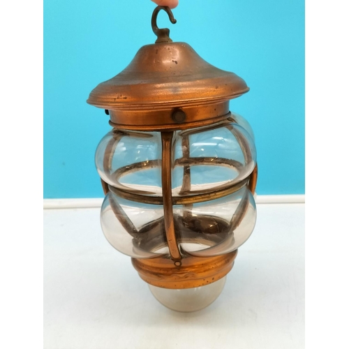 61 - Arts and Crafts Style Hand Blown Bubble Glass Copper Pendant Lamp. 33cm High.