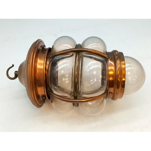 61 - Arts and Crafts Style Hand Blown Bubble Glass Copper Pendant Lamp. 33cm High.