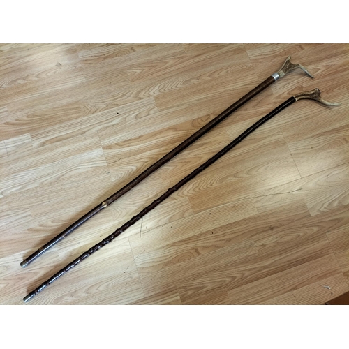 612 - Antler Handle Walking Sticks (2). Longest 121cm.