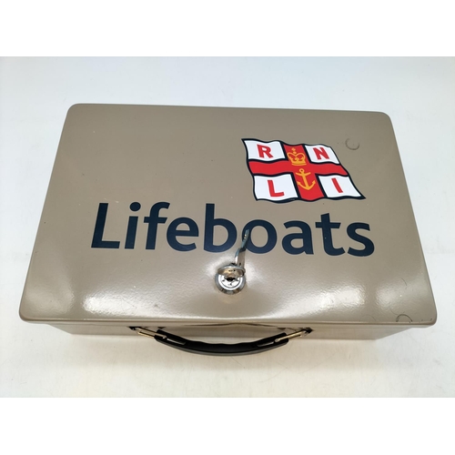 616 - RNLI Lifeboats Metal Lockable Box. 32cm x 21cm x 10cm.