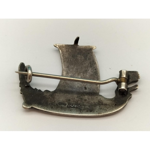 62 - Mid Century Continental Silver Scandanavian Viking Longship Brooch.