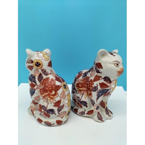 635 - Pair of Old Chinese Imari Pattern 13cm cat Figures. Character Marks to Base.