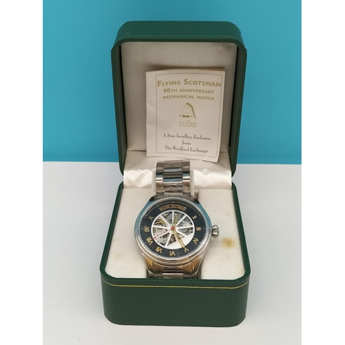 645 - Boxed Flying Scotsman 90th Anniversary Wind Up Skeleton Watch. W/O.