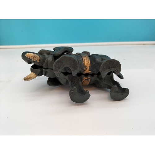 85 - Cast Metal Elephant Money Box. 12cm High, 17cm x 6cm.