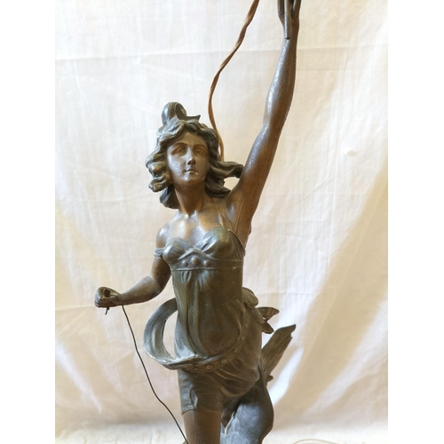 9 - Spelter Figure of a Lady Riding an Eagle Lamp Base on Wooden Stand. 95cm Tall. Collection Only.