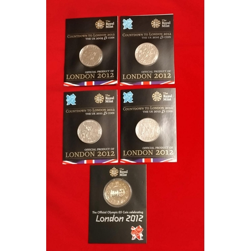 73 - Royal Mint UK London 2012 Olympic Games Five Pound Coins (5) to Include 2009, 2010, 2011, 2012 Count... 