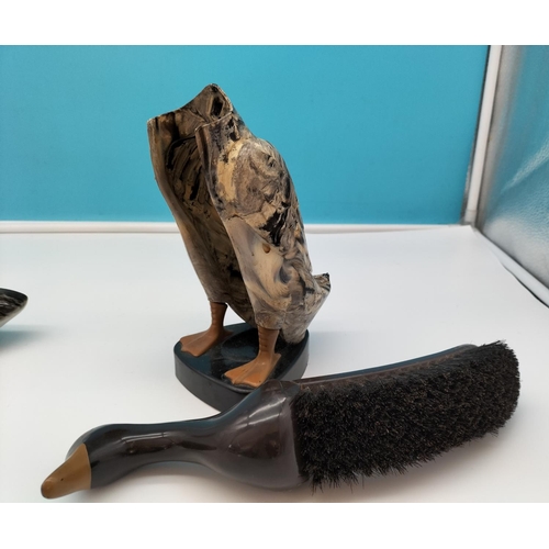 102 - Clothes Brush with Stand in the Shape of a Duck plus Spanish Porcelain Figure of a Duck. 15cm High, ... 