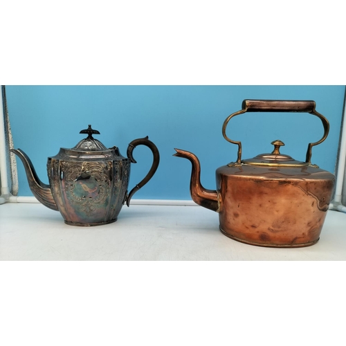 138 - Edwardian Copper Kettle plus Silver Plate Teapot with Inscription Dated 1907. Tallest 24cm.