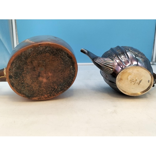 138 - Edwardian Copper Kettle plus Silver Plate Teapot with Inscription Dated 1907. Tallest 24cm.