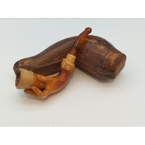 139 - Carved Meershaum Style Pipe in the Shape of a Hand. In Original Case. 10cm Long.