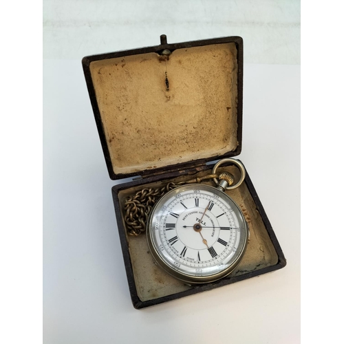 140 - Boxed Tell 'Best Centre Seconds Chronograph' Pocket Watch in White Metal Case. 55mm Diameter. Does R... 