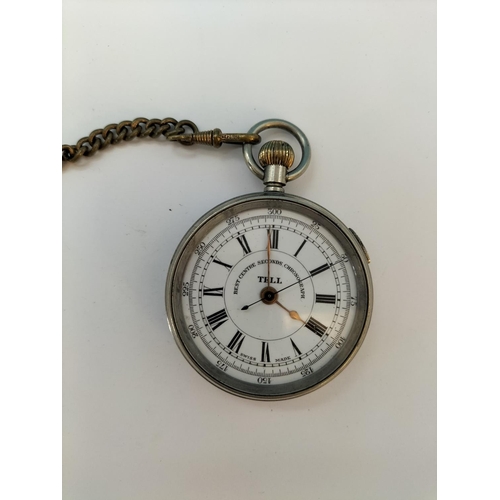 140 - Boxed Tell 'Best Centre Seconds Chronograph' Pocket Watch in White Metal Case. 55mm Diameter. Does R... 