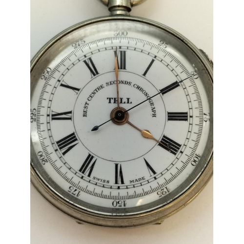 140 - Boxed Tell 'Best Centre Seconds Chronograph' Pocket Watch in White Metal Case. 55mm Diameter. Does R... 