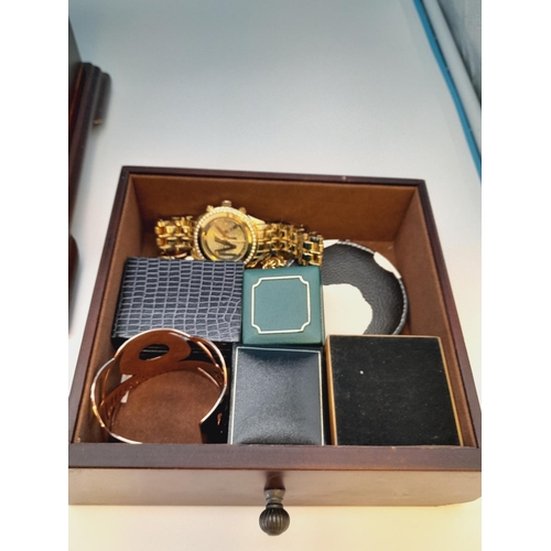 150 - Jewellery Box with Collection of Costume Jewellery to include Plated American Football Ring, Watches... 