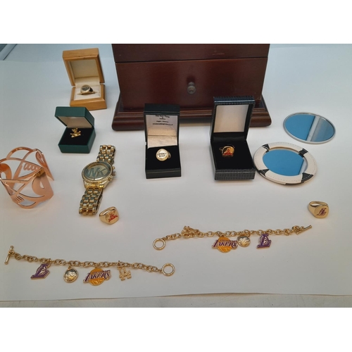 150 - Jewellery Box with Collection of Costume Jewellery to include Plated American Football Ring, Watches... 