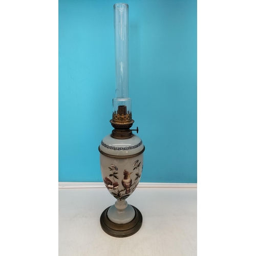 185 - Hand Painted Opaline Glass Oil Lamp with Funnel. Overall Height 63.5cm.